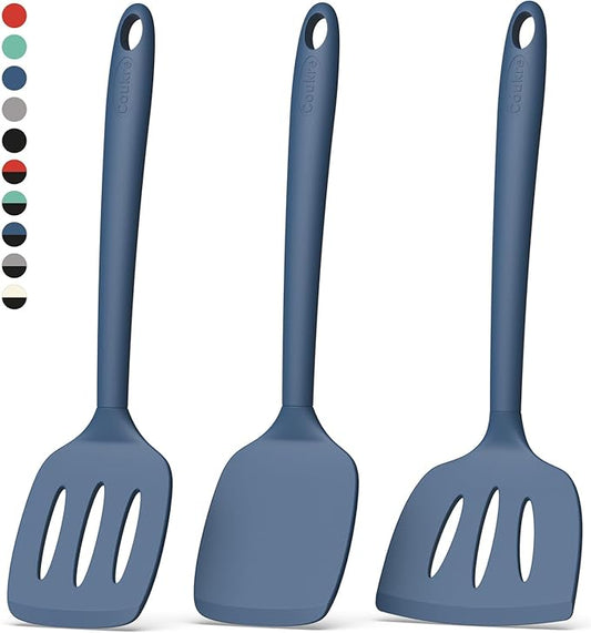 Coukre 3 Pack Silicone Spatula Set, High Heat Resistant, BPA-Free, Fish Spatula, Solid & Slotted Turner for Non-Stick Pans, Flipping Eggs, Pancakes, Fish, Burgers (3, PureNavy)