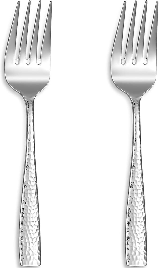 KEAWELL Premium Louis Hammered Table Utensils, 18/10 Stainless Steel, Squared Edge, Mirror Finish, Dishwasher Safe (Serving Forks, Set of 2)