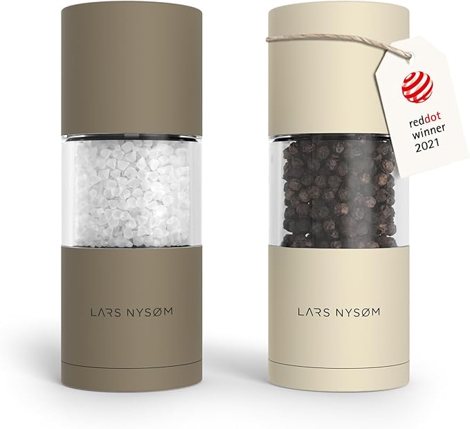 LARS NYS횠M Salt and Pepper Grinder Set, Manual Salt and Pepper Mills with Adjustable Ceramic Grinder, Design Spice Shaker Set (Brown/Beige)