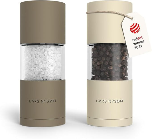 LARS NYS횠M Salt and Pepper Grinder Set, Manual Salt and Pepper Mills with Adjustable Ceramic Grinder, Design Spice Shaker Set (Brown/Beige)