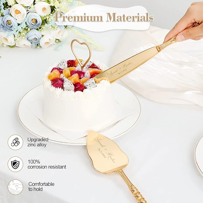Wedding Cake Knife and Server Set, Personalized Gold Cake Cutting Set for Wedding, Engraved Classic Cake Knives Cutter Set, Pie Server, Birthday Bridal Quincea챰era Gift (CUS-Bow)