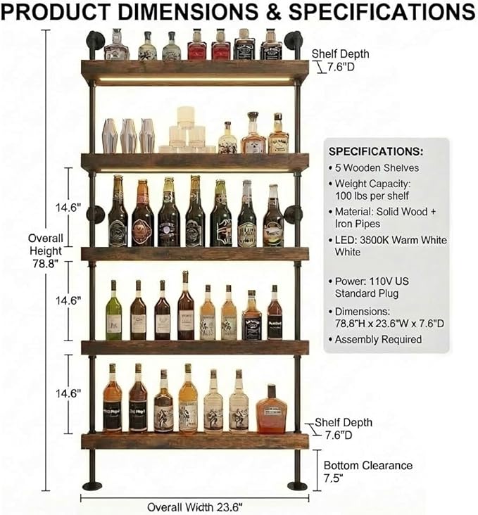 Wall Mounted Wine Rack with LED Light,5-Tiers Liquor Bottles Floating Shelves Display Storage Organizer for Home Bar & Dining Room (24INCH-LED)