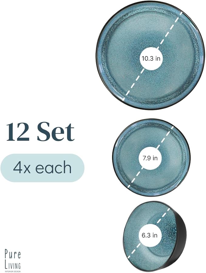 Stoneware dinnerware set 4 persons 12 pcs ??Modern style plates and bowls set ceramic ??Dishwasher safe and scratch resistant ??Bowl and plate set ??Dinner service Pure Living black & petrol blue