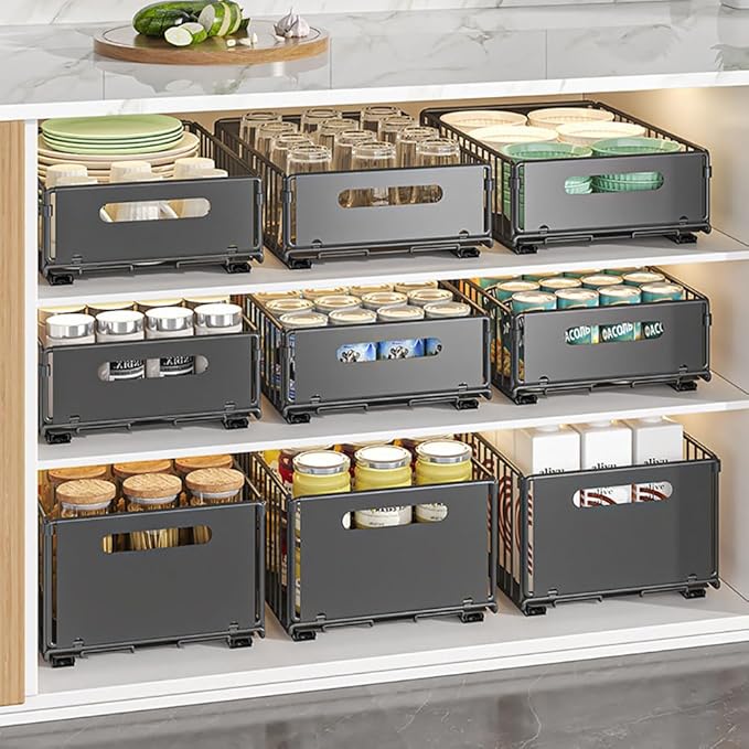 Pull Out Cabinet Organizer Slide Out Drawer Storage Shelves Cupboard Organiser Sliding Cabinet Basket for Kitchen No Drilling and Nailing (Black, 2Piece 9.8" W X15 D X 7.5" H)
