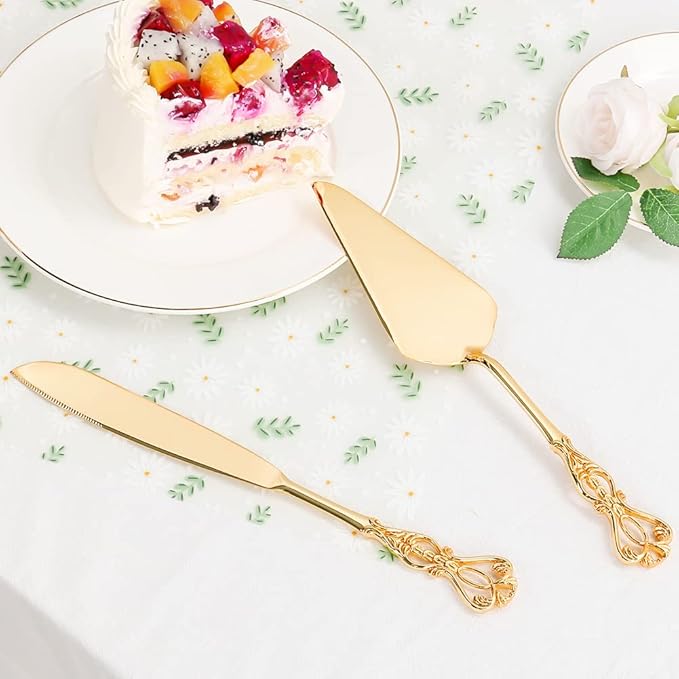 Cake Knife and Server Set for Wedding, Gold Cake Cutting Set, Elegant Cake Knives Cutter Set, Pie Pastry Servers, Birthday Bridal Quincea챰era Gift (F-Crown)