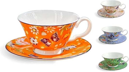 Aynsley Cottage Garden Windsor Fine Bone China Teacup & Saucer - 7.5oz (220ml), Elegant Windsor Shape, Christmas Gift for Tea Lovers, British Craftsmanship-Orange