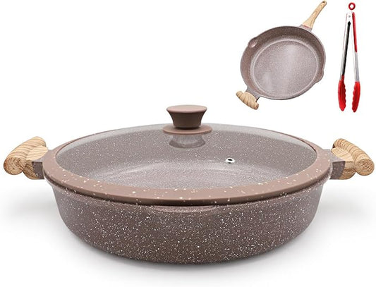 2-In-1 Ceramic Nonstick Deep Frying Pan Skillet, 12.5 Inch Saute Pan with Lid Non Toxic, PTFE & PFOA Free, Compatible with All Stovetops- Brown