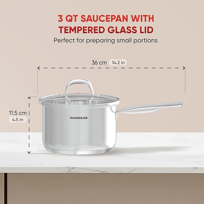 Sunhouse ??3 Quarts Stainless Steel Sauce Pan with Lid - PFOA-FREE, Stainless Steel Sauce Pan, Advanced Impact Bonding Induction Base, Stay-Cool Handle, Compatible with All Cooktops