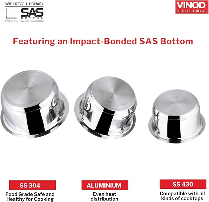 Vinod Stainless Steel 3 pc Pot Set with Capacity of 1.4 litres, 1.8 litres & 2.2 litres with Stainless Steel Lids (Gas Stove and Induction Friendly) - Silver,