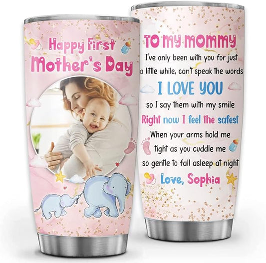 Happy First Mother's Day, Personalized Photo Tumblers, Gifts For Mom, New Mom Gifts For Women, Christmas Mothers Day Gifts For Mama, Mother, Customized Stainless Steel Coffee Travel Mug 20oz with Lid