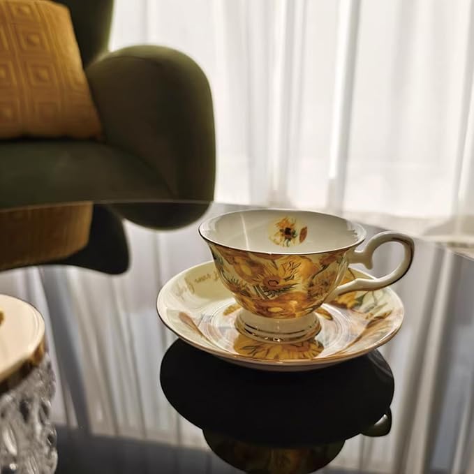 Van Gogh Bone China Set of 6 Cups and Saucers With Rack, Coffee Cup and Saucer Set With Gift Box, 7.4-Ounce Art Coffee Mugs Set - Perfect Birthday/Holiday/Wedding Gift