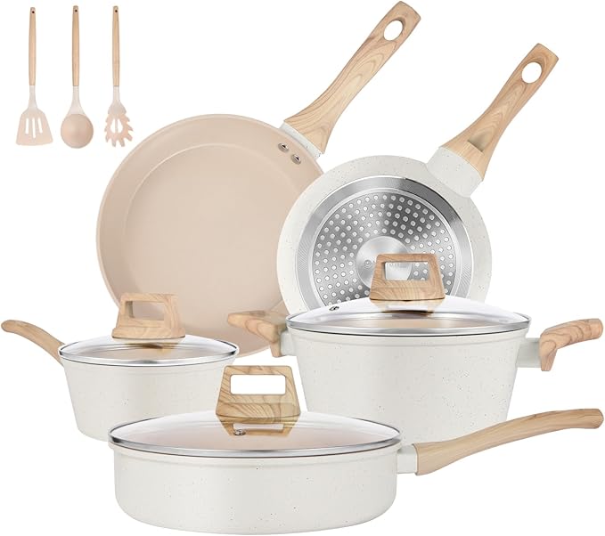 Pots and Pans Set Non Stick, 11 Pcs Ceramic Cookware Set, Nonstick Induction Cookware, Non-toxic Kitchen Cooking Set with Frying Pan Set, Cream