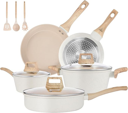 Pots and Pans Set Non Stick, 11 Pcs Ceramic Cookware Set, Nonstick Induction Cookware, Non-toxic Kitchen Cooking Set with Frying Pan Set, Cream