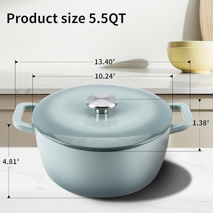 Enamel Cast Iron Dutch Oven with Lid,Dual Handles,Heavy-Duty Cookware for Sourdough Bread Baking,Braising,Stews,Roasting,Oven Safe up to 500째 F,5.5QT,green