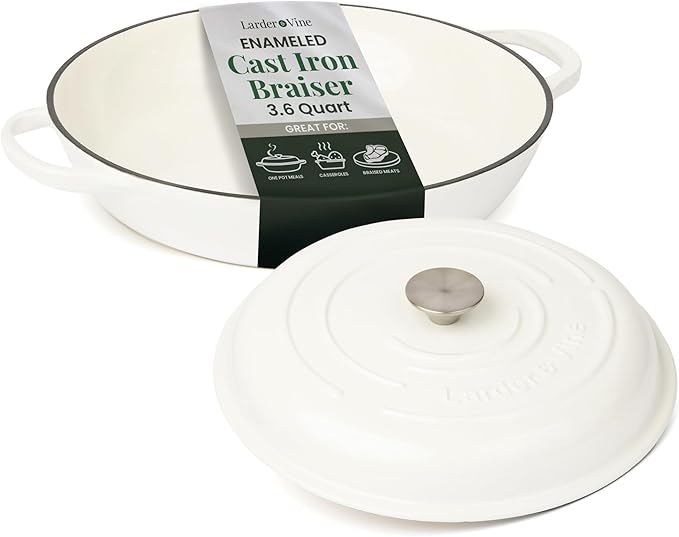 Larder & Vine Enameled Cast Iron Braiser | 3.6 qt Braiser Pan with Lid | Shallow Dutch Oven Compatible on All Cooktops | Casserole Dish Oven Safe to 500째 F | Dual Handles | White