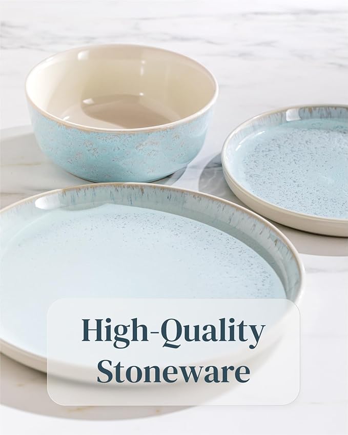 Stoneware dinnerware set 8 persons 24 pcs ??Modern style plates and bowls set ceramic ??Microwave safe dinner plates and bowls set ??Bowl and plate set ??Dinner service Pure Living beige & light blue