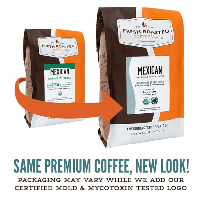 Fresh Roasted Coffee, Organic Mexican | Mold & Myco 3rd Party Tested, USDA Organic, Kosher | Medium Roast 2 lb (32 oz) Whole Bean