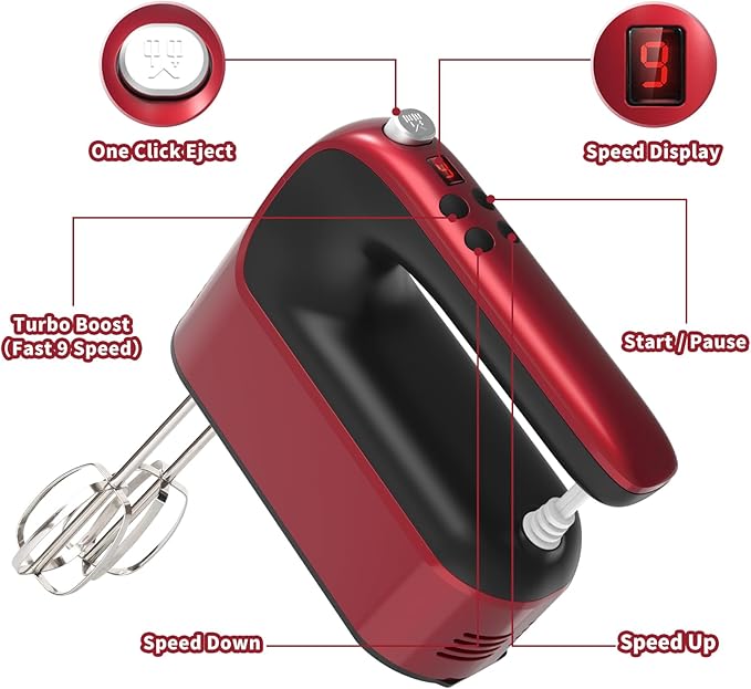 9-Speed Digital Hand Mixer Electric, 400W Powerful DC Motor, Baking Handheld with Snap-On Storage Case, 5 Stainless Steel Accessories, Flat Beaters, Dough Hooks, Whisk(Red)