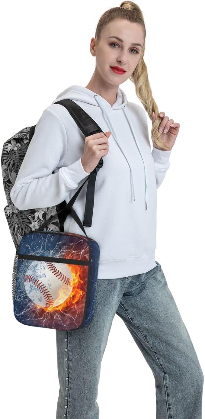 YIJIUWKIS Sports-Themed Baseball Lunch Box for Boys Girls Kids Teens Adults Reusable Insulated Lunch Bag with Fire & Water Printed Ice Packs Containers Tote Handbag