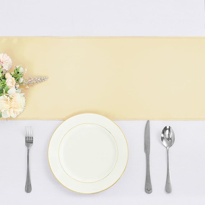 Pufogu 10-Pack Champagne Satin Table Runner 12 x 108 Inch Long Bright and Smooth Silk Fabric Table Runner for Wedding Banquet Birthday Party Decoration