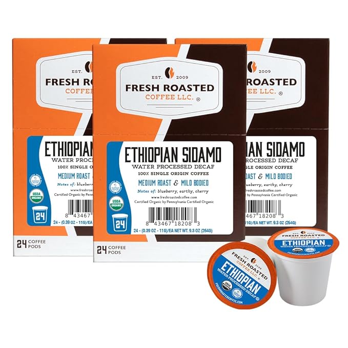 Fresh Roasted Coffee, Organic Ethiopian Sidamo Water-Processed Decaf | USDA Organic, 100% Single Origin, Kosher | Medium Roast 72 Pods for K Cup Brewers