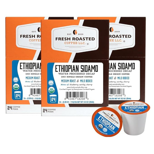 Fresh Roasted Coffee, Organic Ethiopian Sidamo Water-Processed Decaf | USDA Organic, 100% Single Origin, Kosher | Medium Roast 72 Pods for K Cup Brewers