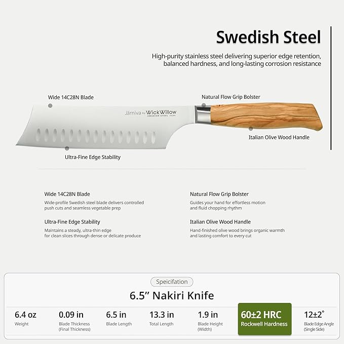 6.5 Inch Nakiri Knife ??Swedish Steel Vegetable Blade with Italian Olive Wood Handle ??Sharp Prep Tool for Chopping, Slicing and Daily Kitchen Use