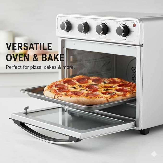HealSmart 4-in-1 Air Fryer Toaster Oven Combo, 26QT Large Countertop Convection Oven with Bake, Broil, Roast & Dehydrate, Includes 12" Pizza Pan & Fry Basket, Stainless Steel, Energy-Efficient