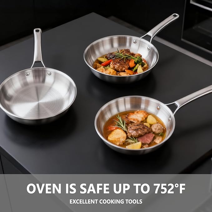 Bonnlo 10 Pieces Cookware Set, 3-Ply Stainless Steel Pots and Pans Set with Lids, Non-Toxic Kitchen Set, Oven & Dishwasher Safe, Induction Cooking Set, PFOA & PTFE Free, Compatible for All Cooktops