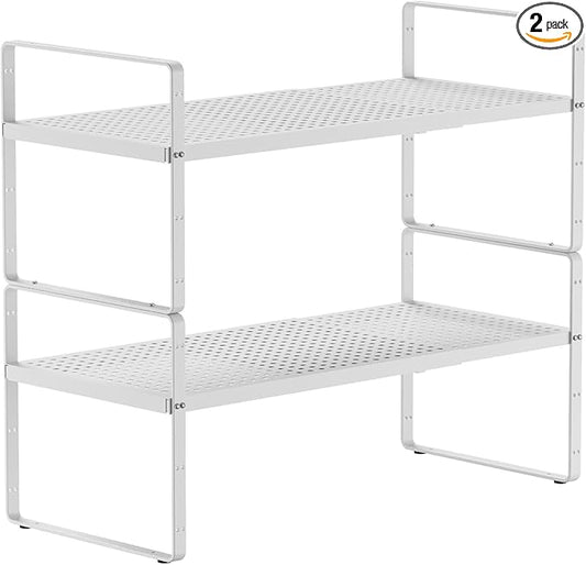 2Pack Expandable Cabinet Countertop Shelves 16.5-27?쇺셂, Adjustable Metal Spice Rack Organizer, Stackable Kitchen Counter Storage Shelves Organizers for Cabinet Organization, White