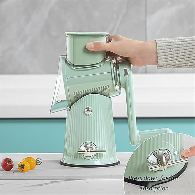 5 in 1 Round Slicer & Rotary Cheese Grater - Hand Crank Vegetable Shredder with Suction Base, 5 Blades for Cheese, Nuts & Vegetables, Easy Clean & Safe Kitchen Mandoline Slicer Chopper (Green)