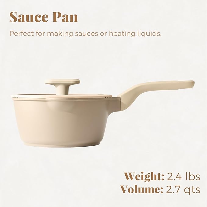 PRICUSIS Nonstick Saucepan with Lid, 2.7 Quart Sauce Pan, Healthy Sauce Pot with Pour Spouts for Multipurpose Use, PTFE, PFOA Free, Induction Compatible, Apricot