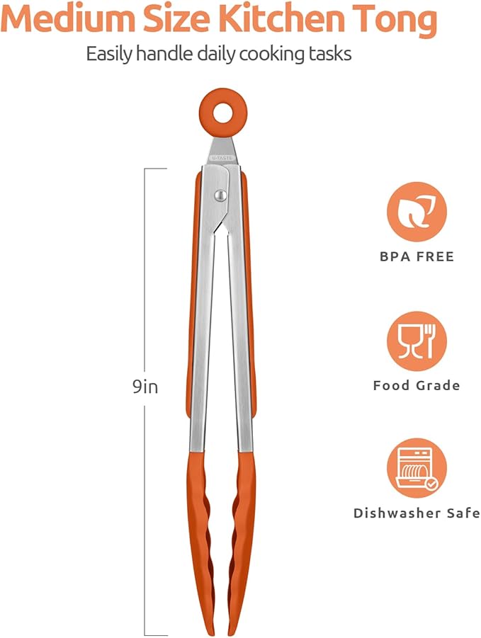 600쨘F Heat Resistant Kitchen Tongs: U-Taste 9 inch Silicone Cooking Tong with Firm Sealed Non Stick Rubber Tips & Silicon Coated 18/8 Stainless Steel Handle & Smooth Locking for Serving Grill (Orange)