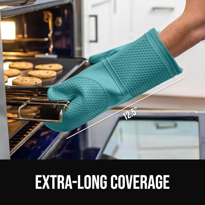 GORILLA GRIP BPA-Free Soft Silicone Oven Mitts, Heat Resistant and Waterproof Cooking Gloves, Thick Cotton Lining, Flexible Gripping for Baking Grilling, Kitchen Potholders Set, 12.5x8.3, Turquoise