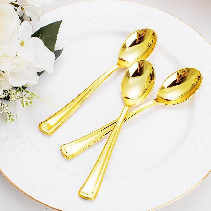 WDF 100 Pack Gold Plastic Spoons Disposable - Durable Heavy Duty 6.9 Inch Gold Spoons, Heat Resistant Modern Disposable Spoons Perfect for Parties, Wedding, Banquets, Valentine's Day