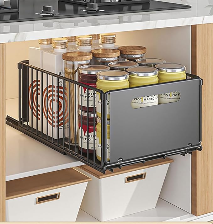 Pull Out Cabinet Organizer Slide Out Drawer Storage Shelves Cupboard Organiser Sliding Cabinet Basket for Kitchen No Drilling and Nailing (Black, 4Piece 9.8" W X15 D X 7.5" H)