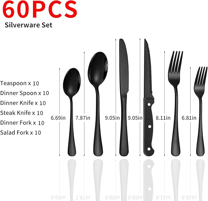60-Piece Black Silverware Set with Steak Knives Black Stainless Steel Flatware Set for 10 Food Grade Tableware Cutlery Set Rust-proof, Mirror Polished, Dishwasher Safe