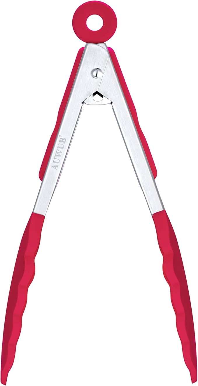 Salad Tongs, 7/9/12/16 Inch Silicone Food Tongs with 304 Stainless Steel Core, Easy-Grip, in Pistachio, Black, Blue, Orange, Red (Red, 7inch)