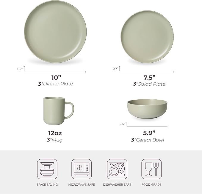 Furrnook 12-Piece Stoneware Dinnerware Set with Mugs | Microwave and Dishwasher Friendly | Stackable Matte Glaze Plates & Bowls | Service for 3 (Green for 3)