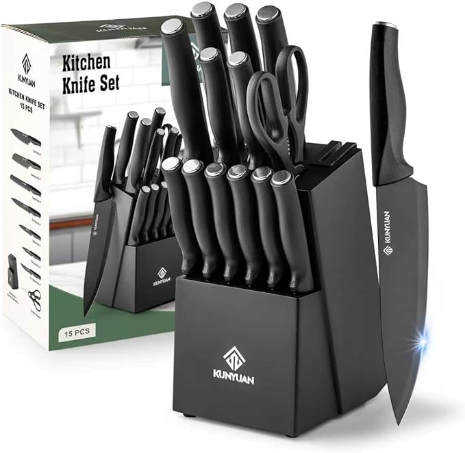 Knife Set, KUNYUAN 15 pieces Knife Sets for Kitchen,High Carbon German Stainless Steel Knife Block Set with Built in Sharpener Block,Dishwasher Safe Kitchen Knife Set, Black