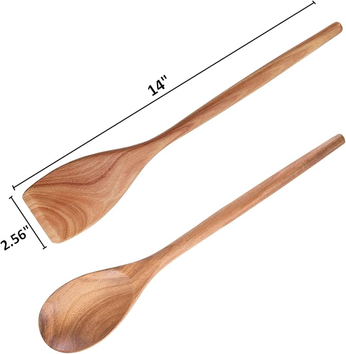 2PCS Acacia Wooden Spoons For Cooking-14 Inch Smooth Finish Cooking Spoons-Comfortable Grip Wood Spoons for Cooking - Non-Stick Cooking Utensils (Spoon + Cooking Spatula)