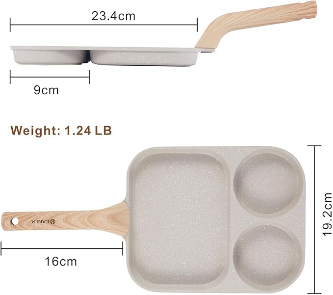 CLANK 3-in-1 Nonstick Egg Pan with Divided Nonstick Griddle, Multi-Function Breakfast Pan/Pancake Pan for Gas and Induction Cooktops, White Granite Texture