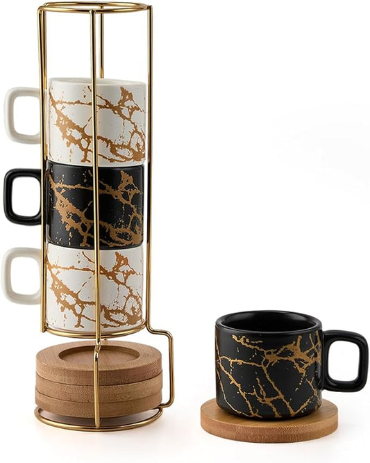 LUKA Porcelain Espresso Cup with Saucer and Metal Stand, 4 Ounce Stackable Ceramic Demitasse Espresso Mugs Cups Set for Latte, Specialty Coffee Drinks, Cafe Mocha - Set of 4, White & Black