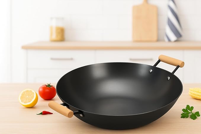 Cuisiland 14??Nitrided Cast Iron Wok ??Double-Handle Skillet, Rust-Resistant, Naturally Non-Stick, Beechwood Handles, Classic Cast Iron Heat Retention for Stir-Frying