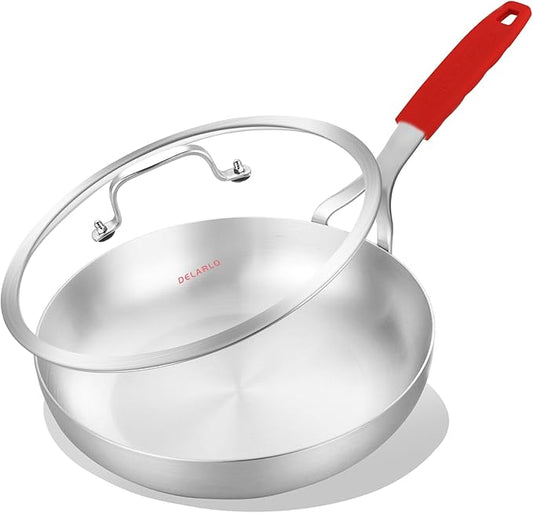 DELARLO Whole Body Tri-Ply Stainless Steel 12 Inch Frying Pan With Lid, kitchen large Skillet Suitable for All Stove Up to 600?? 18/10 Cookware