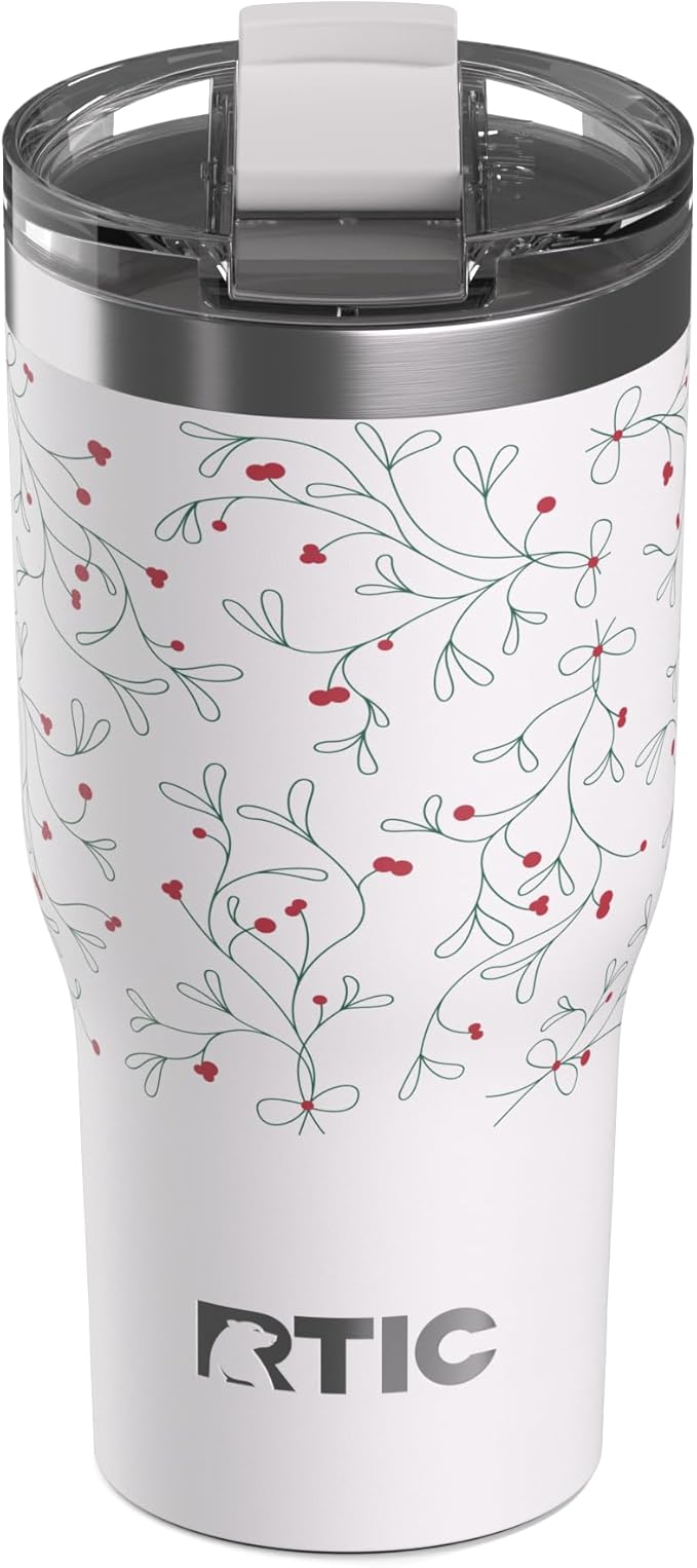 RTIC 30oz Essential Tumbler with Lid, Ceramic Lined, Insulated, Stainless Steel, Metal, Double Wall Vacuum-Insulation, Travel Cup for Iced Coffee, Tea, Hot and Cold Drink, Mistletoe