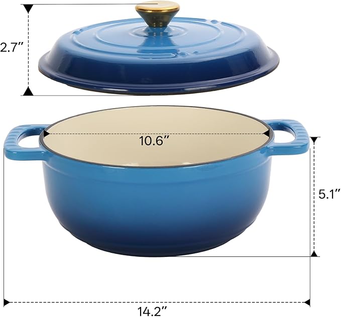 Dutch Oven Pot with Lid, 6 Quart Enameled Cast Iron Dutch Oven, Dual Handles, Kitchen Pots Oven Safe up to 500째F, Stovetop Compatible, Marinate, Cook, Bread Baking, Refrigerate & Serve, Blue