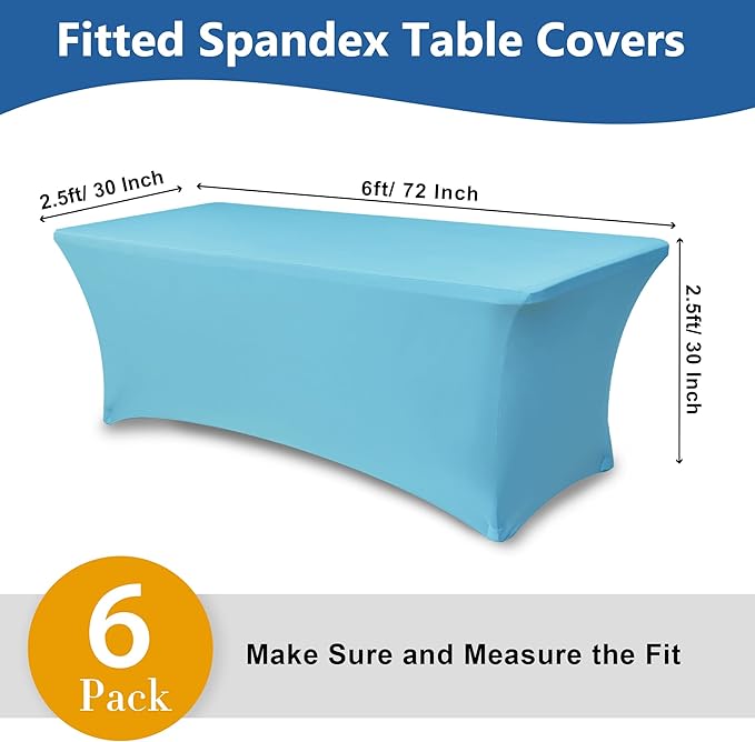 Enjoyidea Stretch Table Cover for 6 Foot Tables-6 Pack Light Blue Spandex Fitted Tablecloth-Elastic 6ft Folding Tablecloths for Party, Vendor Booth Display, Banquet Buffet Event, Craft Trade Show
