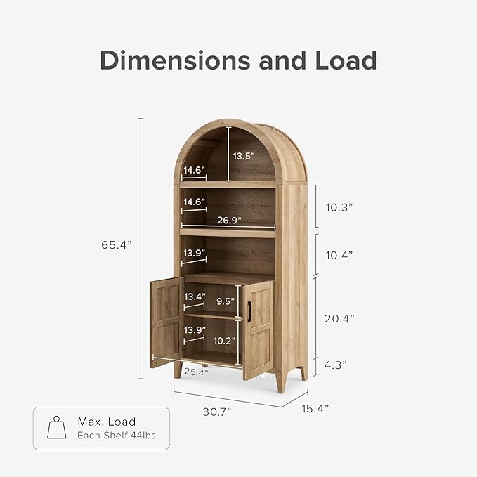 mopio Lauren 65.4" Short Arched Cabinet, 5-Tier Arched Bookcase with Doors and Shelves, Mini Arch Bookshelf with Storage, Wooden Storage Cabinet for Living Room and Kitchen Pantry (Set of 2, Oak)