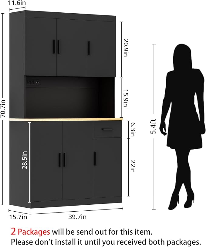 71 Inch Black Pantry Cabinet with Power Outlet, Heavy-Duty Freestanding Kitchen Storage Organizer with Reinforced Frame, Pantry Hutch for Kitchen, Dining Room, Living Room